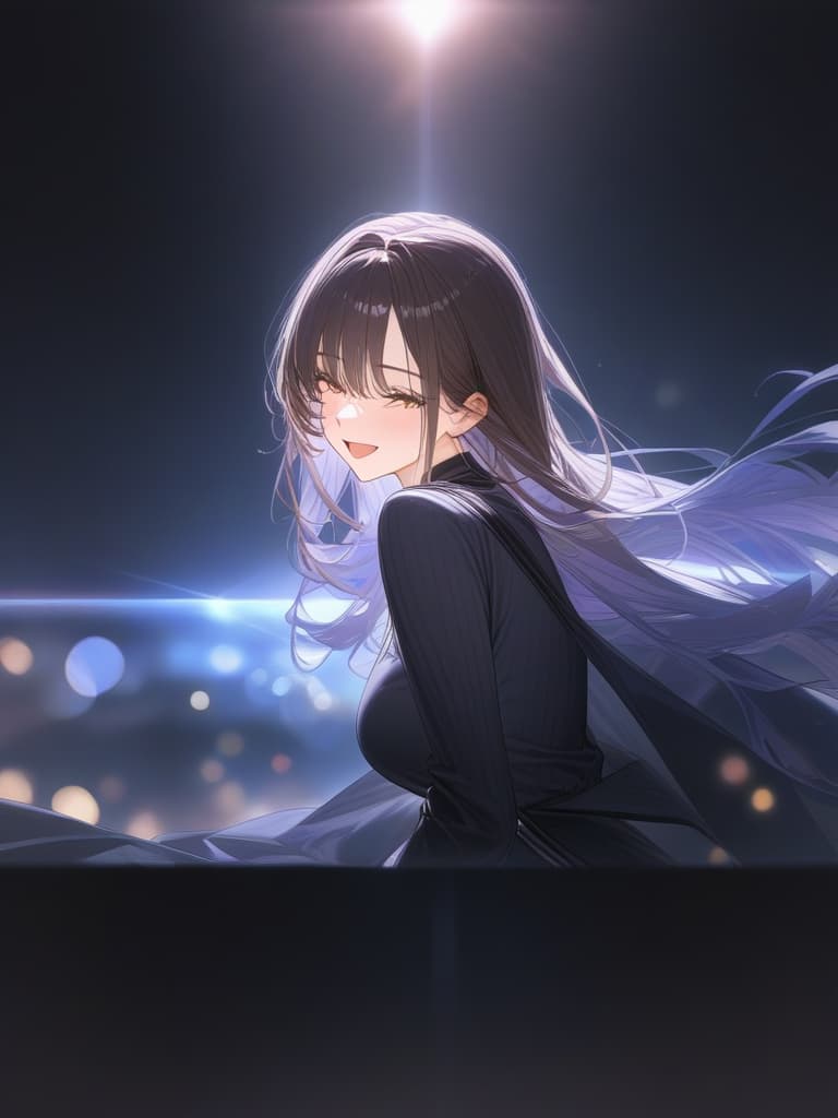  a girl laughing at me, bright brown hair, long hair, transparent ephemeral, black sleeveless dress, white cardigan, whole body facing in front, laughing, laughing, starry sky under the whole body, facing here, masterpiece, best quality,8k,ultra detailed,high resolution,an extremely delicate and beautiful,hyper detail hyperrealistic, full body, detailed clothing, highly detailed, cinematic lighting, stunningly beautiful, intricate, sharp focus, f/1. 8, 85mm, (centered image composition), (professionally color graded), ((bright soft diffused light)), volumetric fog, trending on instagram, trending on tumblr, HDR 4K, 8K