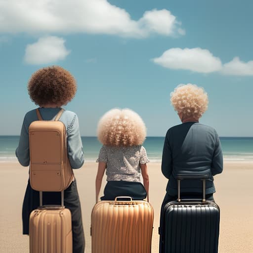  a view from the back of three people: the first is a curly haired musician with a guitar, the second is a comedian with glasses, the third is an elderly grandmother, a full curly blonde, flying through the sky like birds with suitcases in their hands