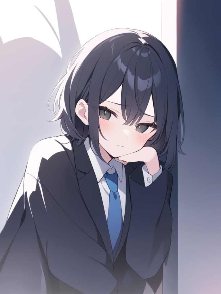  "a cute high school boy with long black hair in a wolf cut,the tips of his hair reaching just past his shoulders. he has black eyes and is wearing a white shirt with a tie,along with a slightly oversized black jacket,featuring long sleeves that cover most of his hands ('moe sode'). his expression is soft and adorable as he gently adjusts a black mask under his chin with one hand,giving a shy and cute vibe.