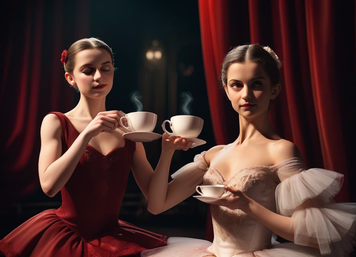  ballerina and opera singer drink tea on the dark stage of the theater against the background of the red curtain