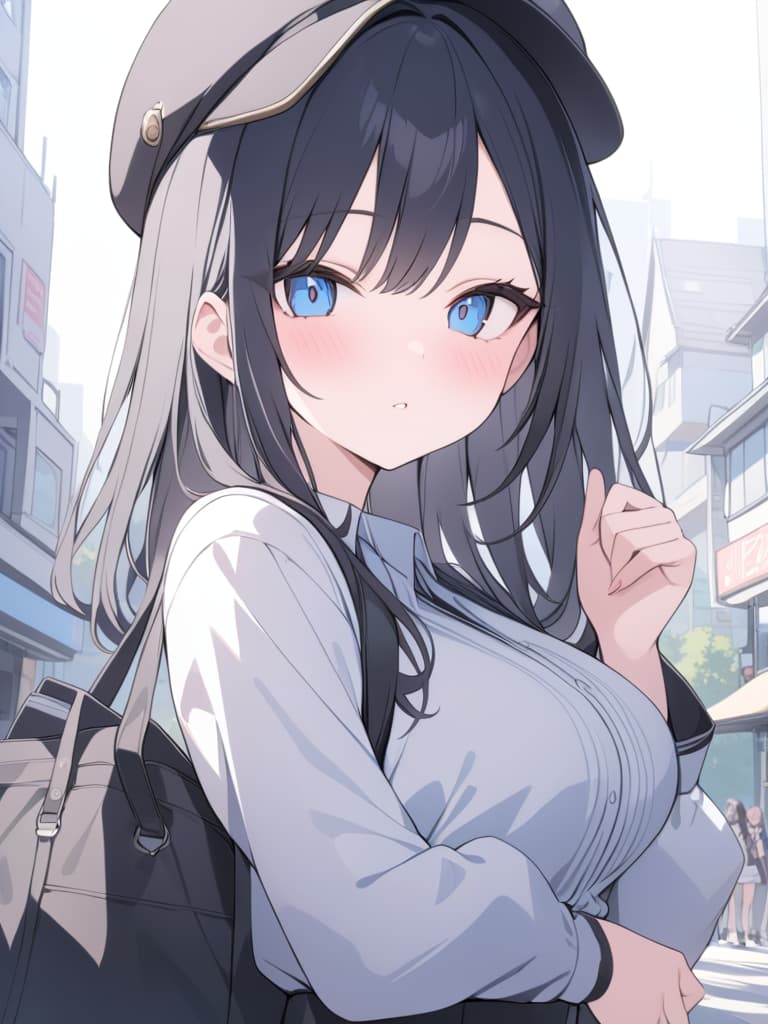  black hair, blue eyes, bob hair, high school students, street fashion, hat, masterpiece, best quality,8k,ultra detailed,high resolution,an extremely delicate and beautiful,hyper detail