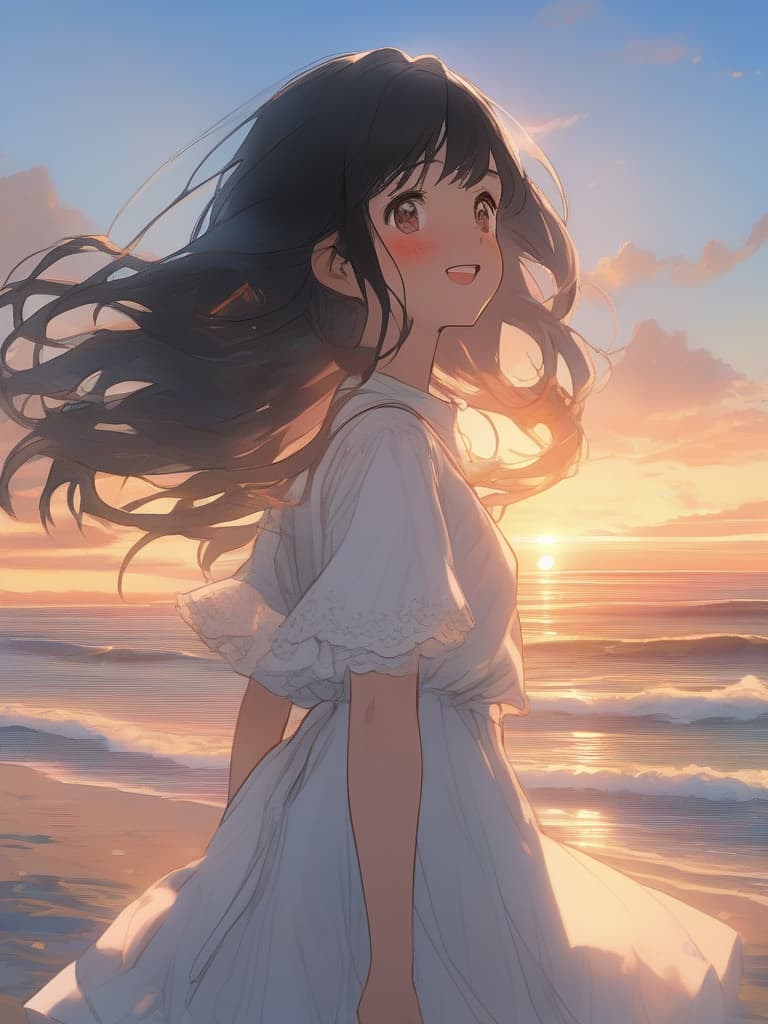  a masterpiece,one girl,delicate hair color,swaying hair,eyes hidden by bangs,clenching lips,waves running down her cheeks,red cheeks,right hand hiding her eyes,pow hand,white dress,swaying hem,walking,sunset,beach in background,natural light,high quality,super resolution,super detailed,8k