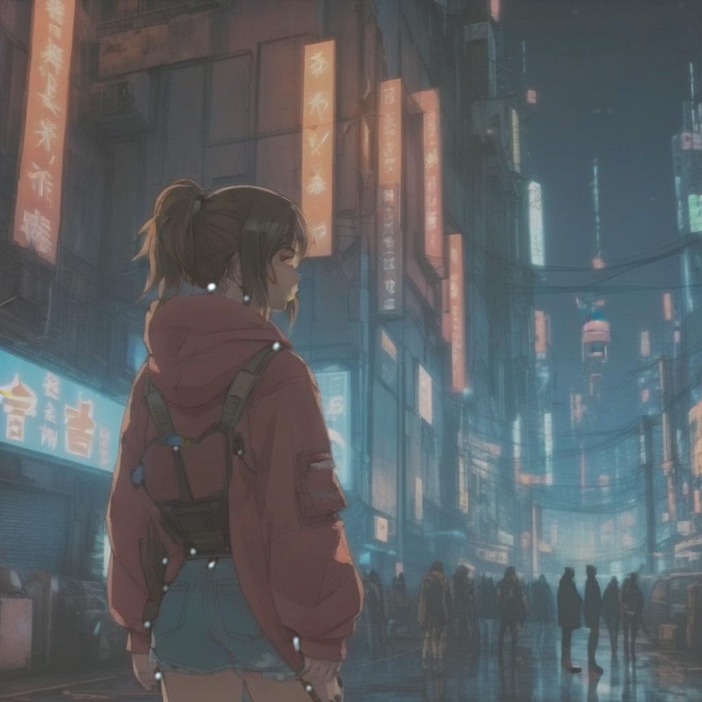  anime artwork image of post apocalyptic landscape, woman standing, in a clothes, the red sunset on the backround with a cyberpunk ruined buildings, in a orange desert, cyberpunk art, anime style . anime style, key visual, vibrant, studio anime, highly detailed