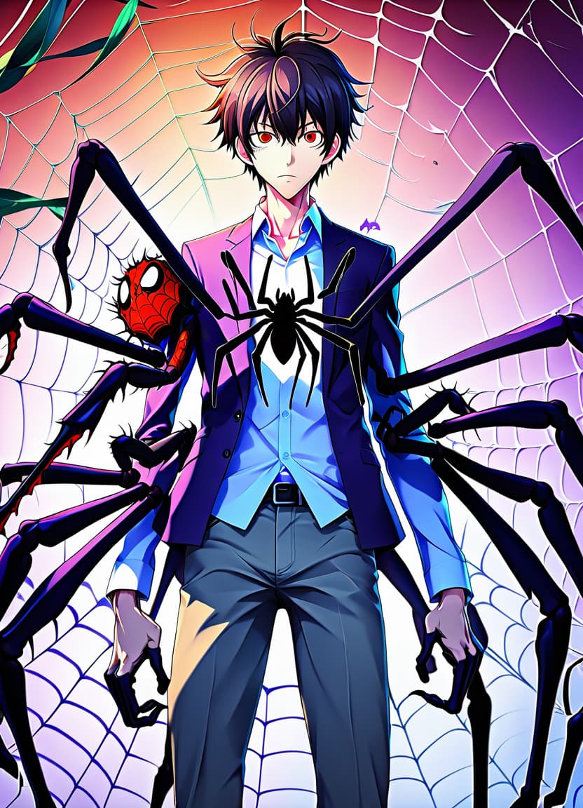  anime artwork make him a man with the lower half of a spider's body . anime style, key visual, vibrant, studio anime, highly detailed