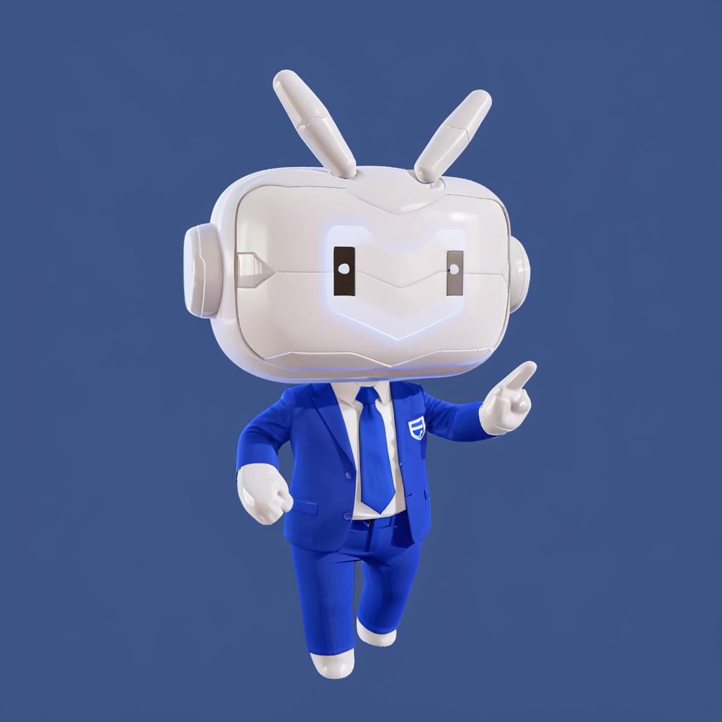  anxiaozhi,a cute white robot with white mask wears a blue suite，and blue pants，and blue pants,gestures prohibited.