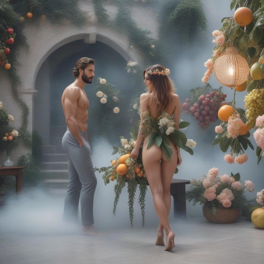  A naked man pressed his body against a naked woman There are fruits and flowers on the table The Jewish theme hyperrealistic, full body, detailed clothing, highly detailed, cinematic lighting, stunningly beautiful, intricate, sharp focus, f/1. 8, 85mm, (centered image composition), (professionally color graded), ((bright soft diffused light)), volumetric fog, trending on instagram, trending on tumblr, HDR 4K, 8K