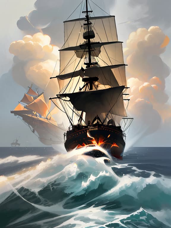  ship battle, explosions, death, gunshots, captain team, corsairs, (rough brush strokes: 1.5), [soft impressionist brush strokes:1.2], blinding light, canvas texture, muted colors, by brent heighton, by richard schmid