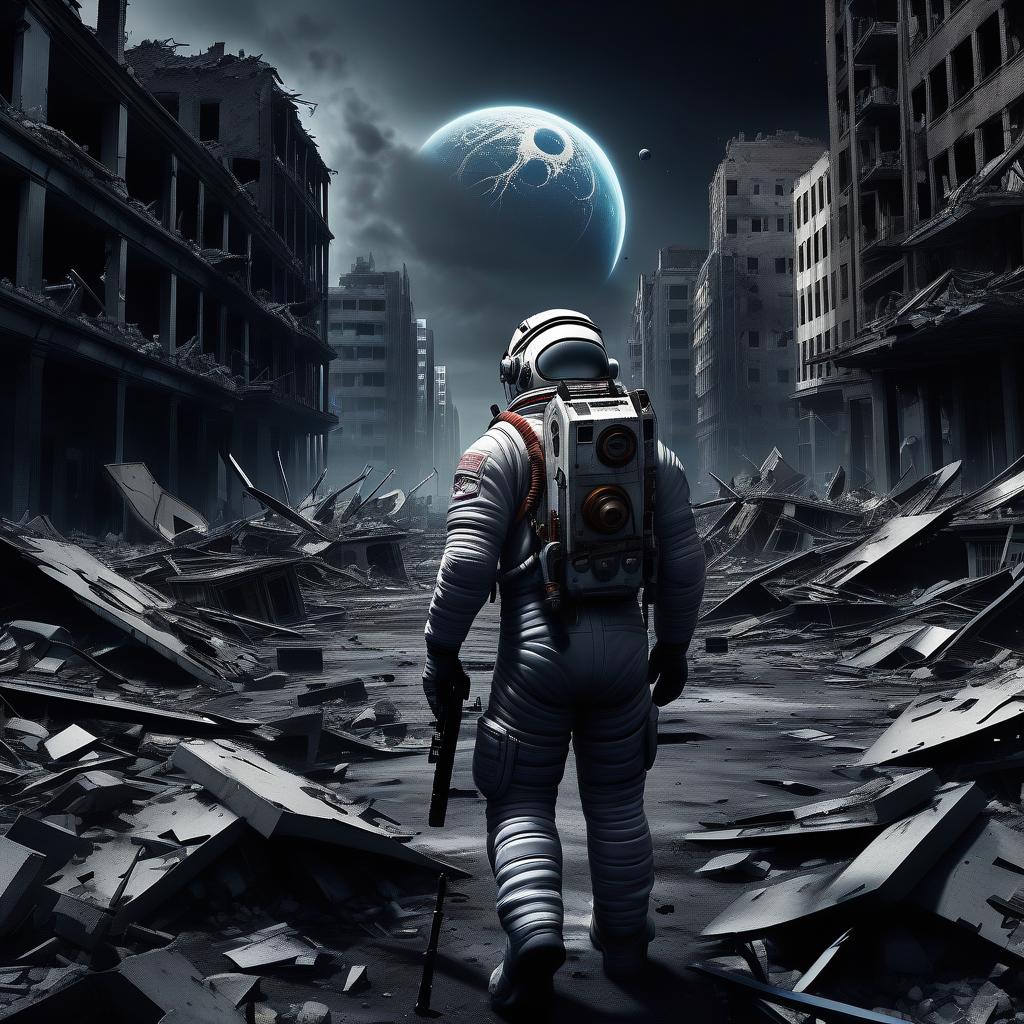  hyperrealistic art abandoned city, destruction, there is an astronaut with weapons, darkness, darkness, horror . extremely high resolution details, photographic, realism pushed to extreme, fine texture, incredibly lifelike