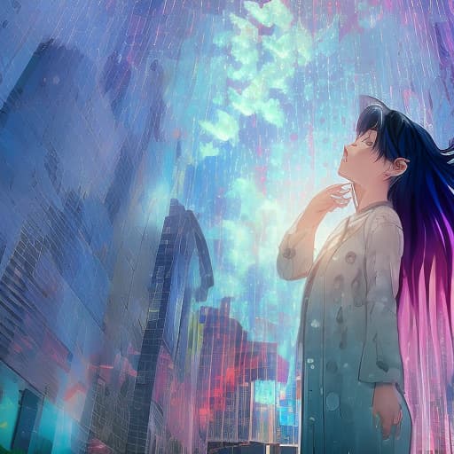 dvarchmodern a that is standing in the rain, dreamy psychedelic anime, iridescent gl, drowning, 2 0 1 9 anime, divine ray over her head, shining black hair, emotional release, blue wall, your name, dramatic ligthting, iridescent, pouring