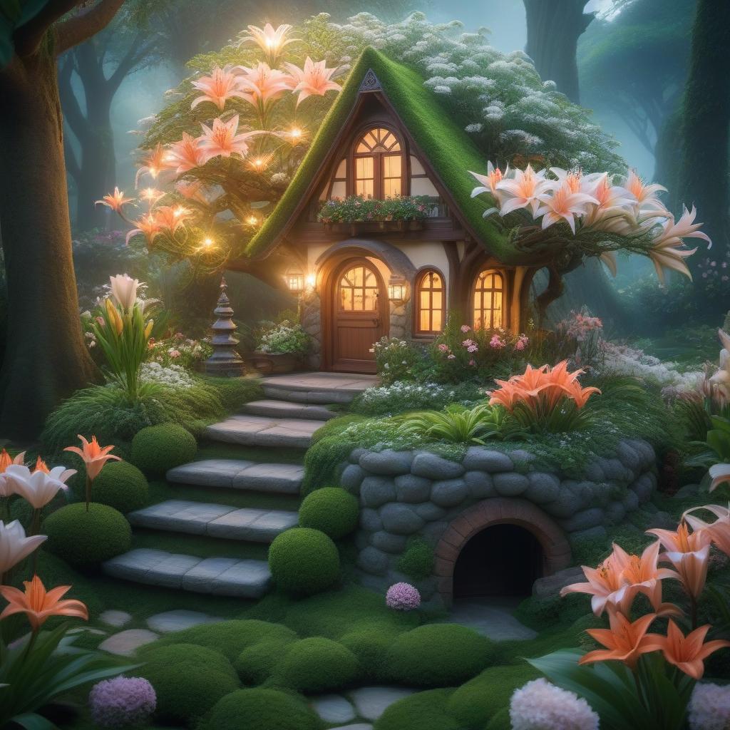  Fairy-tale house of an elf surrounded by a garden with lilies hyperrealistic, full body, detailed clothing, highly detailed, cinematic lighting, stunningly beautiful, intricate, sharp focus, f/1. 8, 85mm, (centered image composition), (professionally color graded), ((bright soft diffused light)), volumetric fog, trending on instagram, trending on tumblr, HDR 4K, 8K