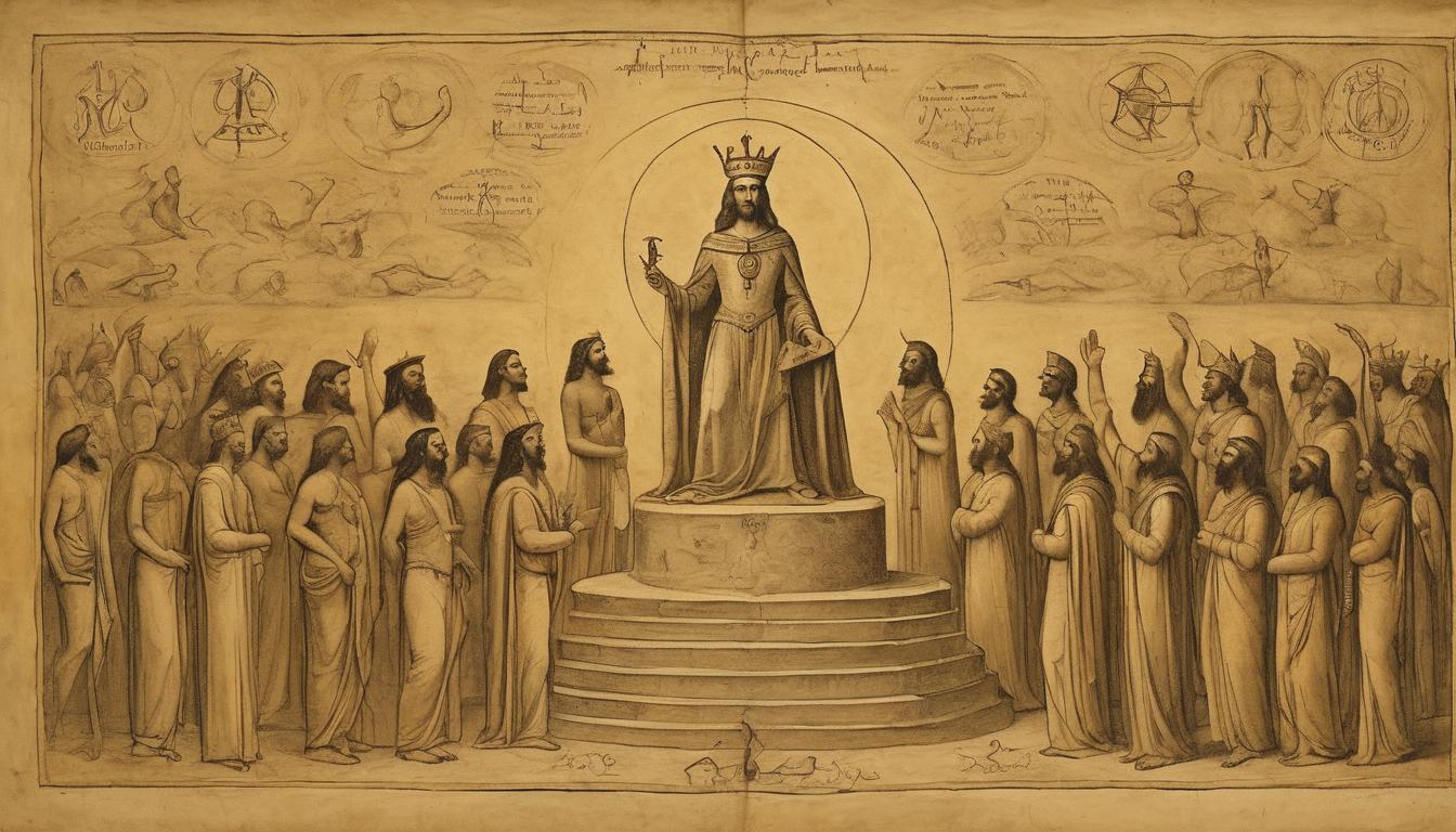  on parchment, surrealism++, crowned figure, adorned with ancient symbols, standing on a raised platform, glowing in golden hue, acknowledging a gathering crowd, ascension, leadership(mysterious, provocative, symbolic)++