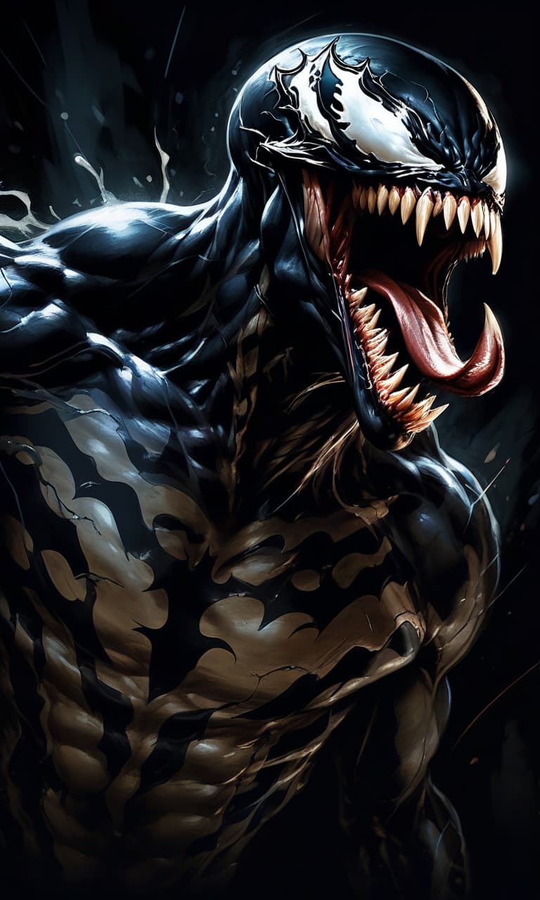  digital painting, venom ready to strike, close up of head with open mouth, body seems to be moving away, dark background in a room with a weak light source, action, dynamic shot, masterpiece of digital art with an admixture of detailed drawing with oil paints, 16k