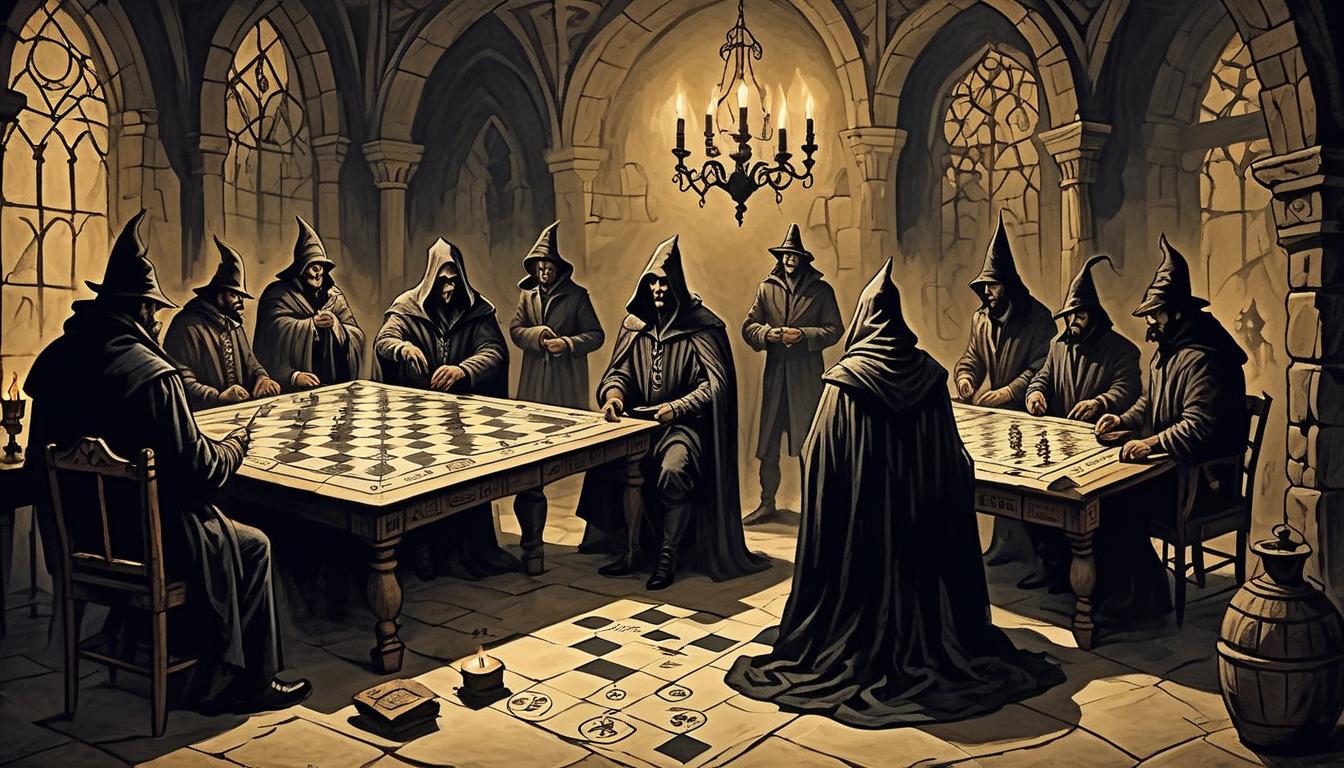  on parchment, surrealism+++, shadowy figures manipulating a giant, intricate game board, sinister expressions, cloaked in darkness, candlelit room, intense scheming, mysterious ambience(mysterious, provocative, symbolic,muted color)+++