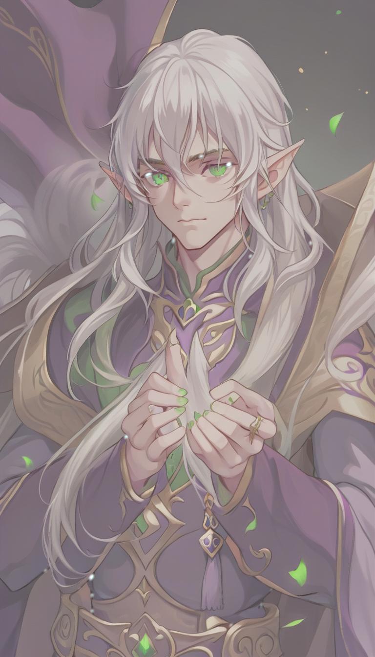  man, elf, long white hair, green eyes, purple clothes, four fingers on the hands