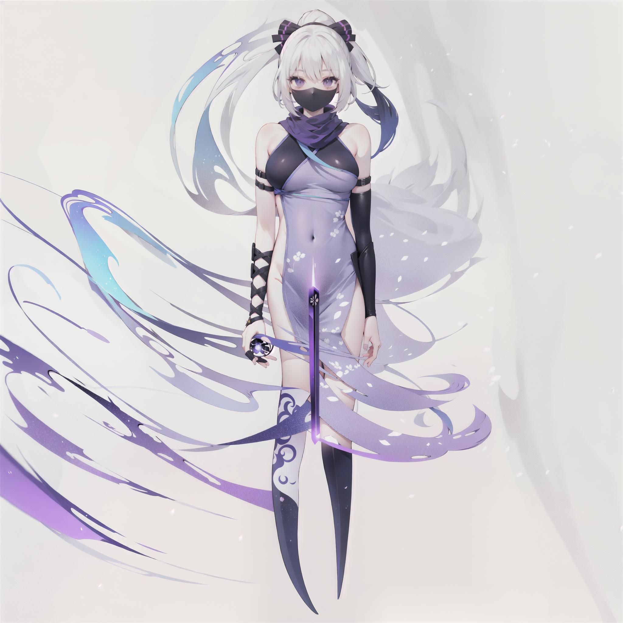  upper body, white hair, ponytail, purple eyes, (ninja), short sword, medium breats ,scarf, wallpaper, magic circle background, light particles, blue fire