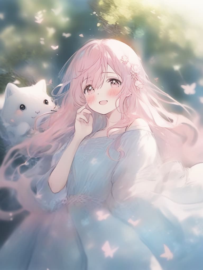  {cute woman,loose web hairstyle,((pink metamorphosis light blue)):1.5,light hair color,wearing light colored long dress},overall fluffy atmosphere,(blur effect),