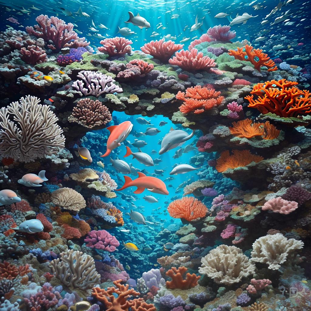  masterpiece, best quality, beautiful deep sea full of corals, diverse marine life and fascinating underwater landscapes with corals, appendages, small fish, anemones, dolphins, various algae, caves, colorful, 8k resolution and intricate detail