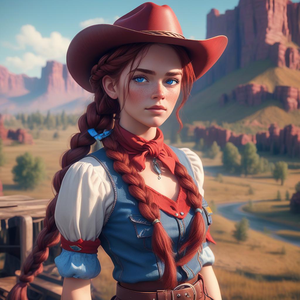  retro game art hd 4k 3d professional modeling photo hyper realistic beautiful enchanting cowgirl woman dark red hair braids fair skin freckles blue eyes gorgeous face cowgirl outfit magical western country landscape hd background ethereal mystical mysterious beauty full body . 16 bit, vibrant colors, pixelated, nostalgic, charming, fun