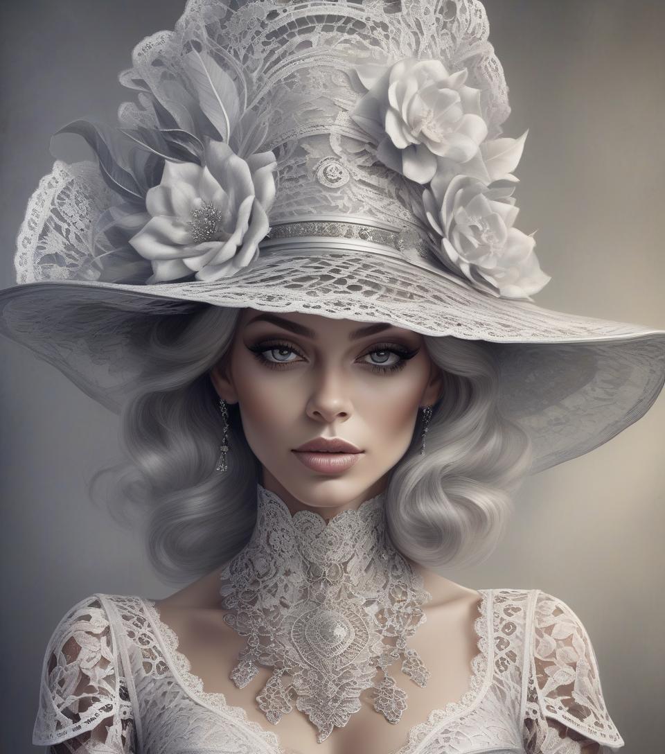  concept art a woman wearing luxurious silver tatted lace hat with large brims in the style of liam sharp, dutch tradition, webcam, gail simone, mark seliger . digital artwork, illustrative, painterly, matte painting, highly detailed