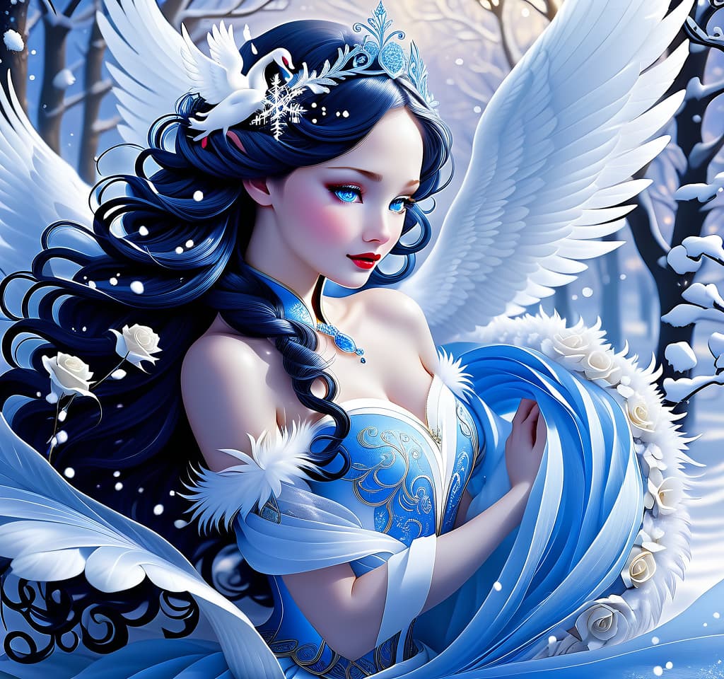  dreamscape (blue eyed) i've been jinxed (snow singer1,3) . ((snow swan)) ((the snow swan)) feathers at my feet. ( feathers flutter and slowly sink into the snow). (snow white swan):the head and torso are creamy white with a silvery tint. wings of white blue colour from snowflakes (roses): light blue colour with leaves from ice crystals. background: soft blue with delicate patterns of falling snow and whirlwind curls. . surreal, ethereal, dreamy, mysterious, fantasy, highly detailed, civitai, hkmagic