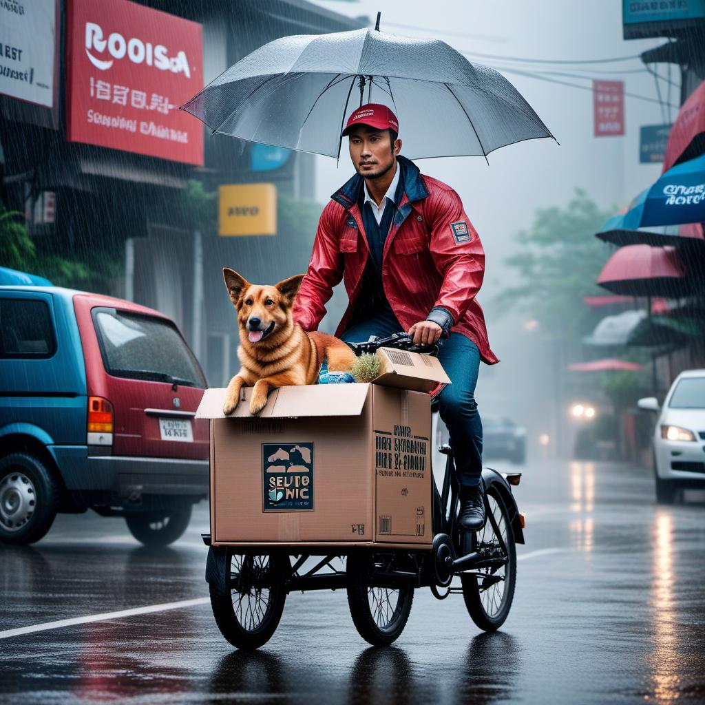  delivery service of pet supplies during rainy season , ((realistic)) hyperrealistic, full body, detailed clothing, highly detailed, cinematic lighting, stunningly beautiful, intricate, sharp focus, f/1. 8, 85mm, (centered image composition), (professionally color graded), ((bright soft diffused light)), volumetric fog, trending on instagram, trending on tumblr, HDR 4K, 8K