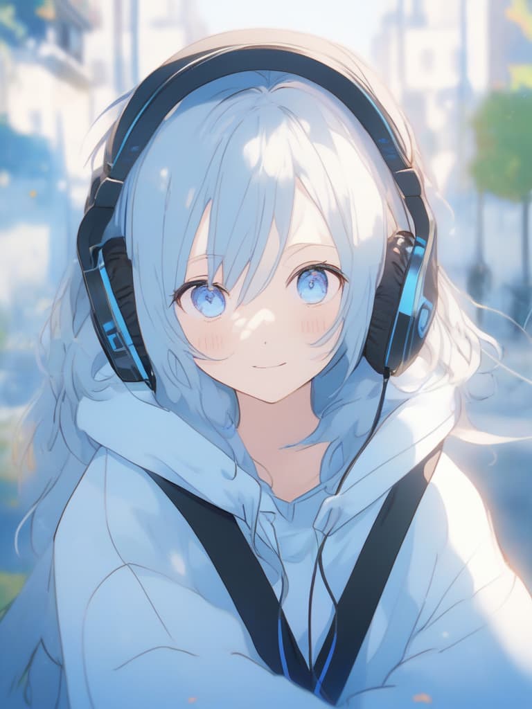  girls, masterpieces, single girls, light blue eyes, blue eyes, cute, headphones, hoodies, fluttering hair, calm, smiles, sauce eyes, masterpiece, best quality,8k,ultra detailed,high resolution,an extremely delicate and beautiful,hyper detail