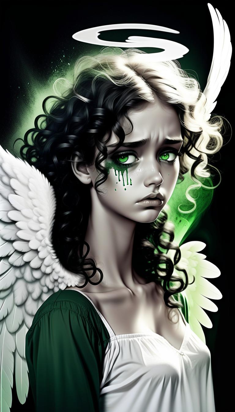  1) a very sad angel in tears, 2) one wing white, the other black, open 3) curly hair, the right half of the hair on the head is white, the left half of the hair on the head is black. 4) angel takes off (5) black and white art 6) green eyes remaining black and white (7) in wounds