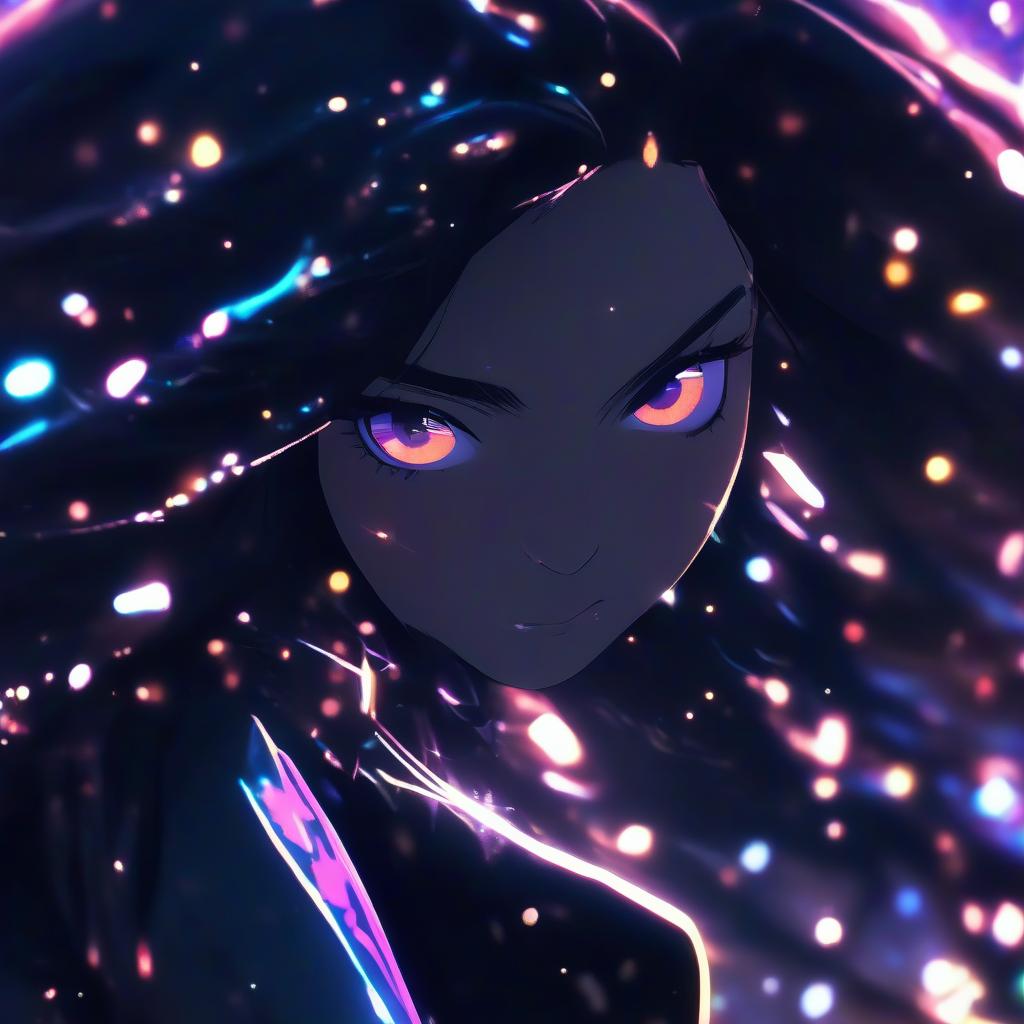  cinematic photo a close up of a person with long hair, neon noire, anime illustrated, shiny black dress, the style of wlop, dark hair, heavy jpeg artifact blurry, portrait gracious saint, sparkles all around, straight black hair, avatar image . 35mm photograph, film, bokeh, professional, 4k, highly detailed