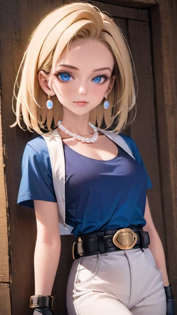  my dream . cyber Instagram. logo sitting , DB_Android_18, a woman, jewelry, blond hair, earrings, blue eyes, belt, necklace, blue , black fingerless gloves, white shirt, vest, hoop earrings, short sleeves, celet, pearl necklace, black belt, belt buckle,