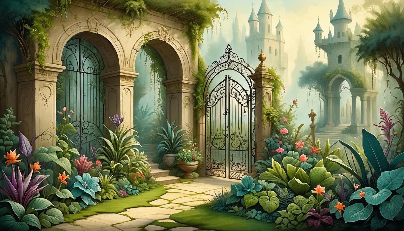  on parchment, surrealism+++, a hidden garden with flourishing, exotic plants, radiant glow, overgrown gate, enchanting, sacred, uninvited presence(mysterious, provocative, symbolic,muted color)+++