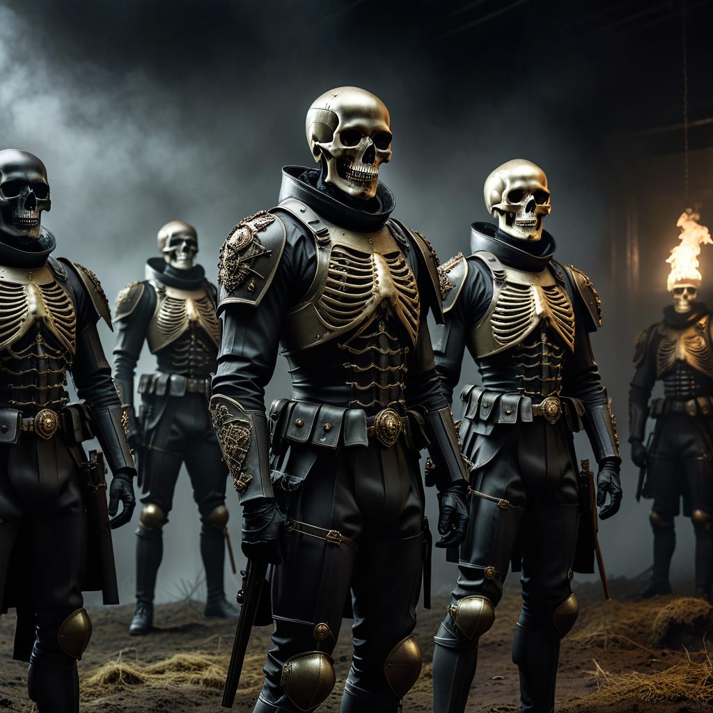  macabre style soldiers in front of a dark background . dark, gothic, grim, haunting, highly detailed, film photography style hyperrealistic, full body, detailed clothing, highly detailed, cinematic lighting, stunningly beautiful, intricate, sharp focus, f/1. 8, 85mm, (centered image composition), (professionally color graded), ((bright soft diffused light)), volumetric fog, trending on instagram, trending on tumblr, HDR 4K, 8K