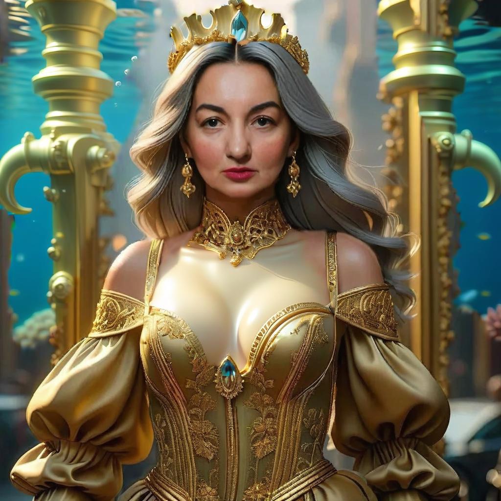  sea queen in gold, underwater kingdom in the background, civitai