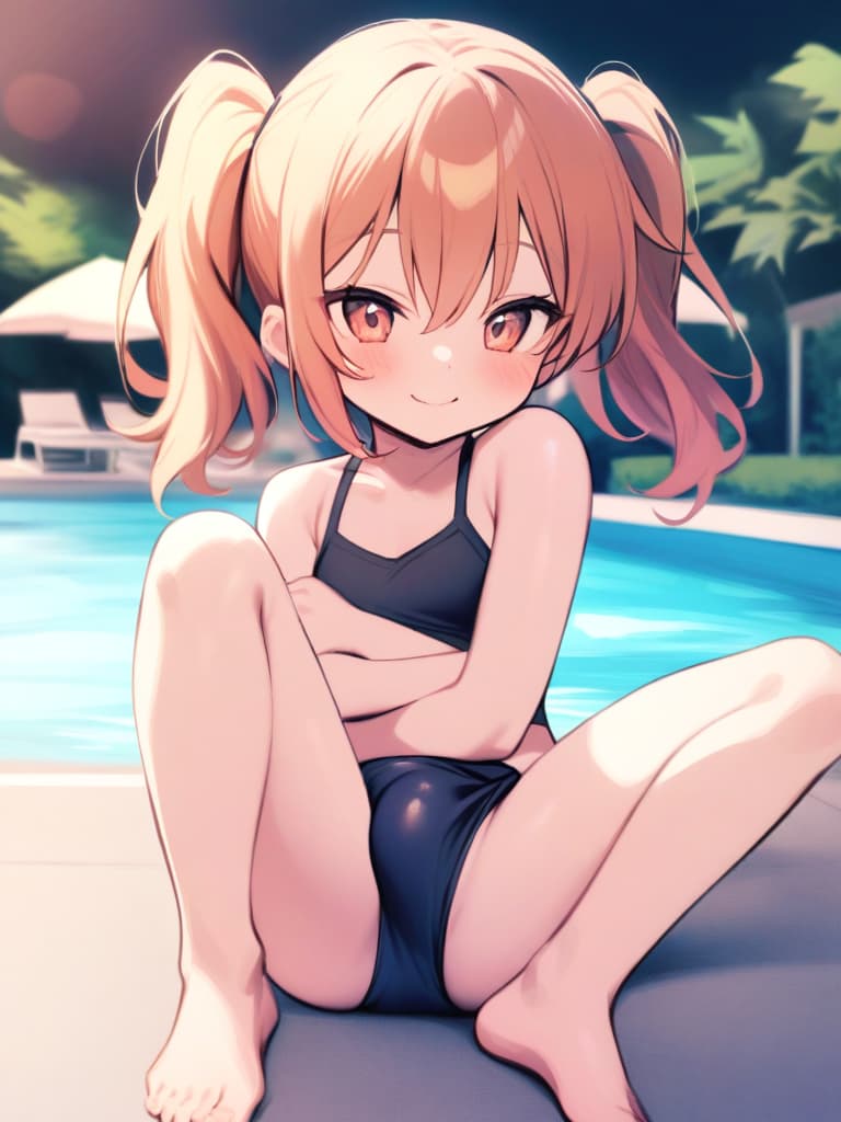  junior s, twin tails, cute smiles, swimwear, s with chin (lower body s), , man (bulge,), whole body, pool side,