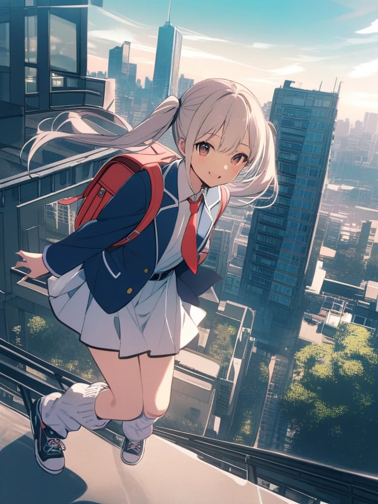  junior high s, blazer, tie, mini s, twin tails, cute smiles, backpacks, super length loose socks, bottom sneakers, city landscape,