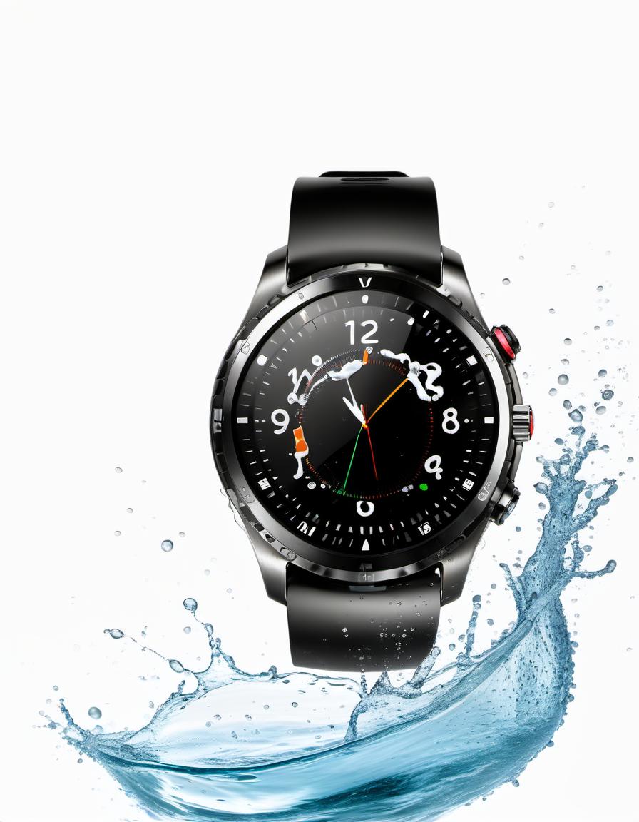  smart watch on a white background, around water splash, film photography style