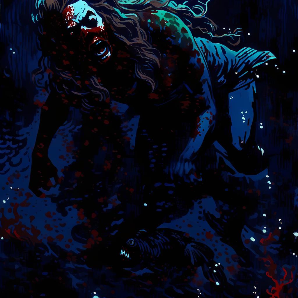  horror, art, creepy mermaid girl grabs the leg of a man and pulls to the bottom under dark water, he breaks out and he is afraid and he begins to vomit blood