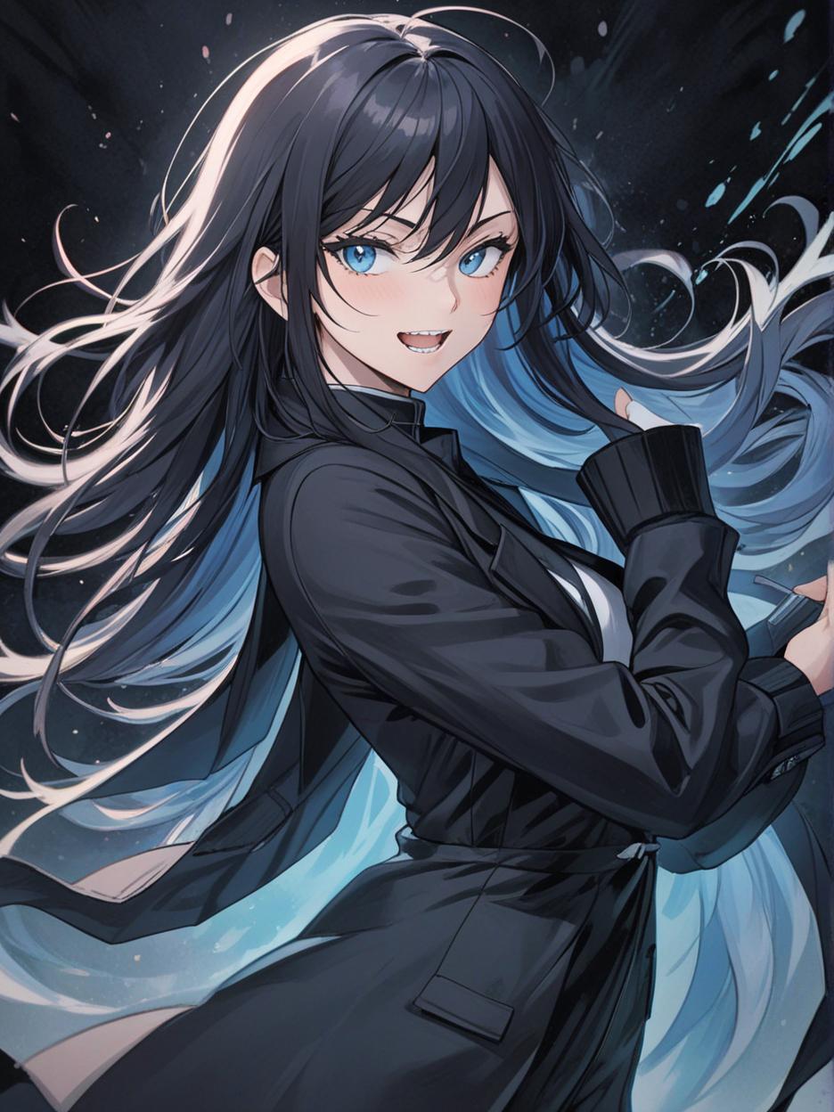  manga artwork a woman with sharp teeth. light blue eyes. it has long black hair that flows freely, giving it a mysterious and imposing air. he wears a long black coat with wavy edges, which appear to be in constant motion, adding a sense of dynamism to his appearance. the coat is open at the front, revealing a fitted black outfit underneath, which highlights her slender and athletic figure. her pose is confident and slightly dynamic, with one hand extended outwards, as if reaching for something or making a meaningful gesture. the background is a solid black, with an aura like circle framing the character's head, enhancing his silhouette and giving him an almost otherworldly look. hyper realistic atmospheres, detail, 8k. manga artist. manga