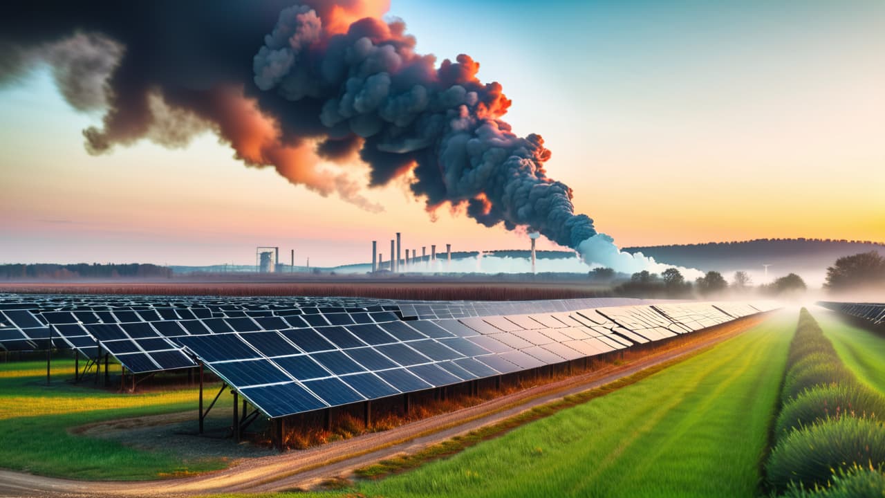  a vibrant split landscape showcasing a solar farm under a bright sun on one side and a coal power plant emitting smoke on the other, highlighting contrasting energy sources with dynamic lighting and textures. hyperrealistic, full body, detailed clothing, highly detailed, cinematic lighting, stunningly beautiful, intricate, sharp focus, f/1. 8, 85mm, (centered image composition), (professionally color graded), ((bright soft diffused light)), volumetric fog, trending on instagram, trending on tumblr, HDR 4K, 8K