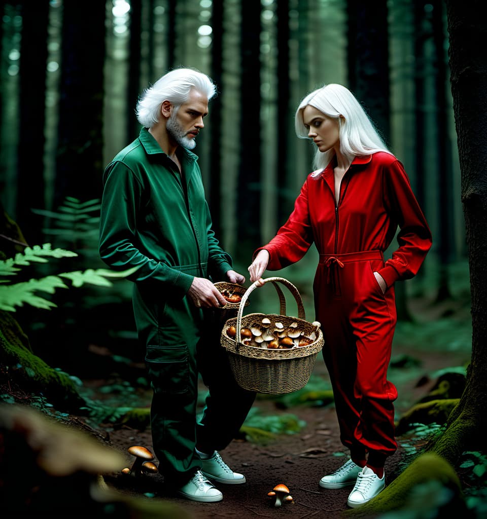  cinematic photo a man with white hair, in a green jumpsuit and white sneakers with a dark haired woman in a red jumpsuit with baskets collect mushrooms in the forest . 35mm photograph, film, bokeh, professional, 4k, highly detailed