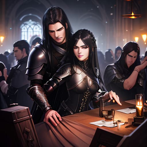  a girl with a leather armor, long black hair, hugs a guy with black hair hyperrealistic, full body, detailed clothing, highly detailed, cinematic lighting, stunningly beautiful, intricate, sharp focus, f/1. 8, 85mm, (centered image composition), (professionally color graded), ((bright soft diffused light)), volumetric fog, trending on instagram, trending on tumblr, HDR 4K, 8K