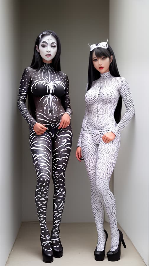  Black and White Spider-patterned body paint in every corner of the whole body, full-body, silver body paint, White face paint on the face,Two Dark elf 女性