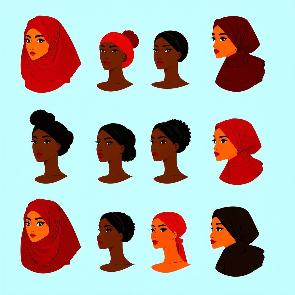  flat illustration, flaticon, (illustration:1.15), different beauty. set of different female heads in headscarf. different races and nationalities. colored hand drawn illustration, [cory loftis, strobist, pascal campion :: 0.2]