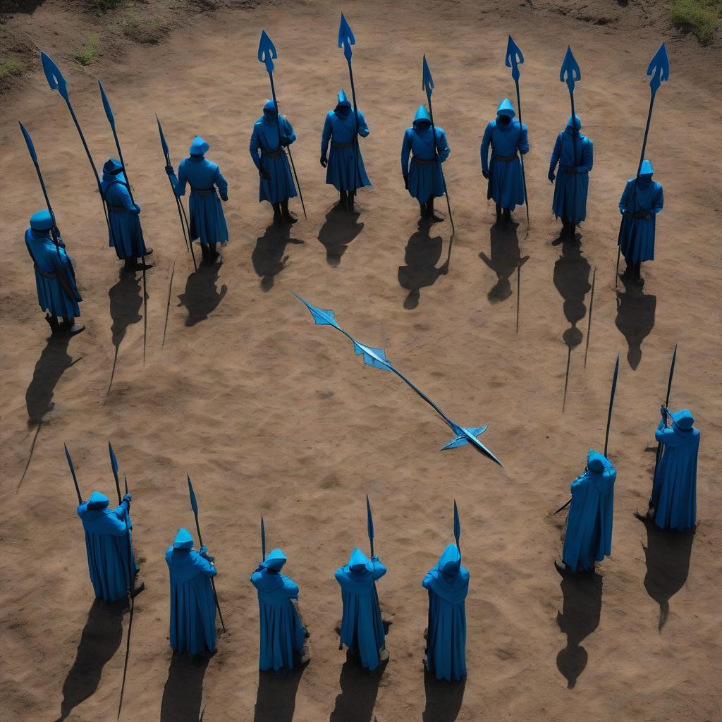  a blue spear is poked into the ground, eight identical silhouettes standing around the spear