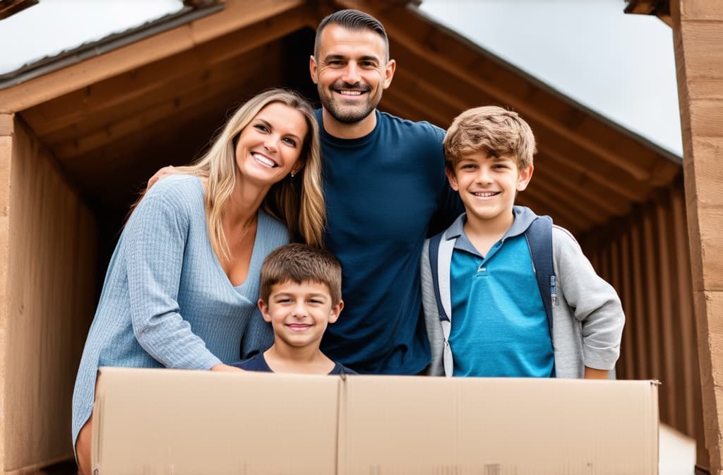  professional detailed photography, housing and moving concept. happy family, mother, father and children with a roof over their heads ar 3:2, (muted colors, dim colors, soothing tones), (vsco:0.3)