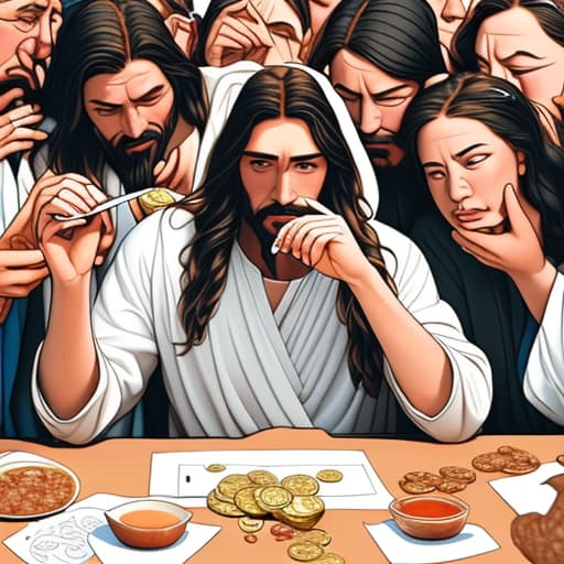  Create a line drawing of Jesus eating with tax collectors, with 100 coins hidden throughout the picture