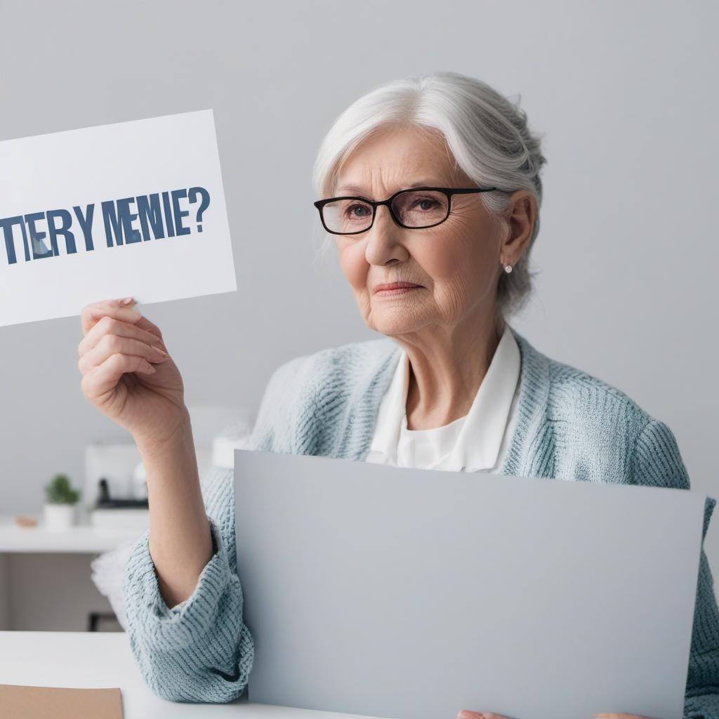  old sad woman with glasses hold a sign. on the sign is written try me, profile image style