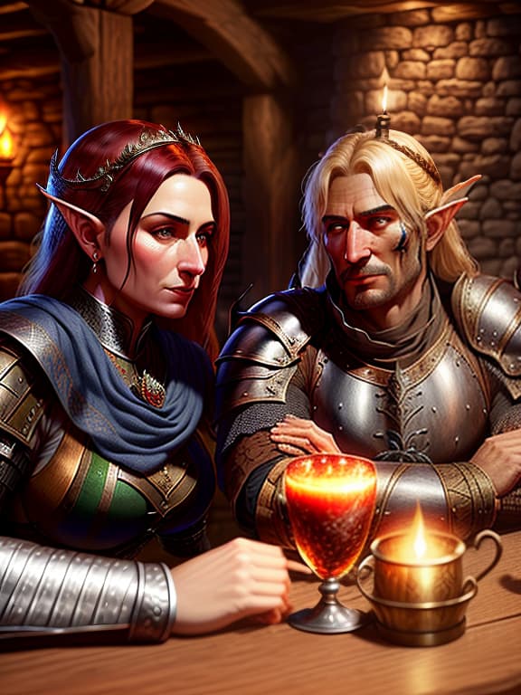  To further enhance and detail the image while keeping the faces unchanged, the following improvements could be made: Add armor details: Include more details and textures for the armor of both individuals. Enhance tavern atmosphere: Add additional elements such as candles, wooden furniture, and other medieval decorations. Refine the background: Use background images of real medieval taverns., magic, dragons, elves, castles, by Donato Giancola, Ruan Jia, Kekai Kotaki, Magali Villeneuve, Even Mehl Amundsen hyperrealistic, full body, detailed clothing, highly detailed, cinematic lighting, stunningly beautiful, intricate, sharp focus, f/1. 8, 85mm, (centered image composition), (professionally color graded), ((bright soft diffused light)), volumetric fog, trending on instagram, trending on tumblr, HDR 4K, 8K