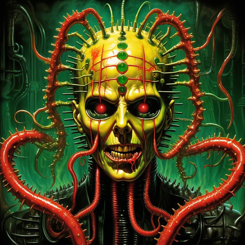  retro game art (hellraiser) whisperer giger demon looks scary prickly red watch in yellow smoke and green sparks suction cups tentacles eyes all over the body lower jaw sting tentacles claws and a terrible moan in red smoke in yellow rings of green steam the wound flows with mucus juice . 16 bit, vibrant colors, pixelated, nostalgic, charming, fun