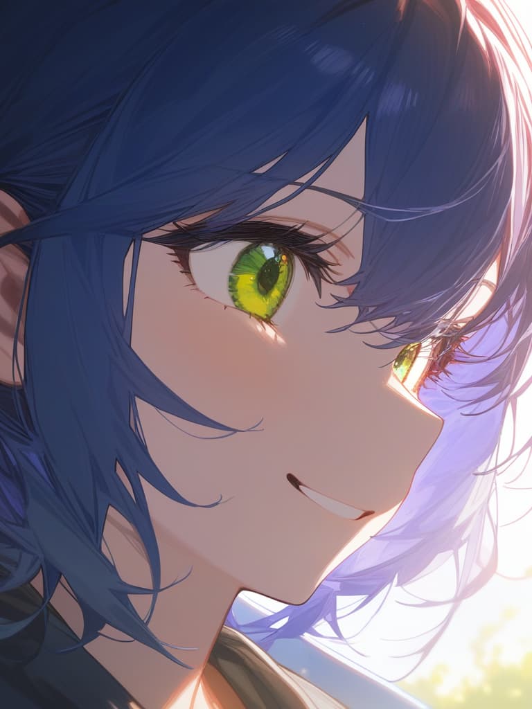  (フルバング:1.4),ultra detailed,blue hair,smile,close up,best quality,bob hair,masterpiece,green eyes,