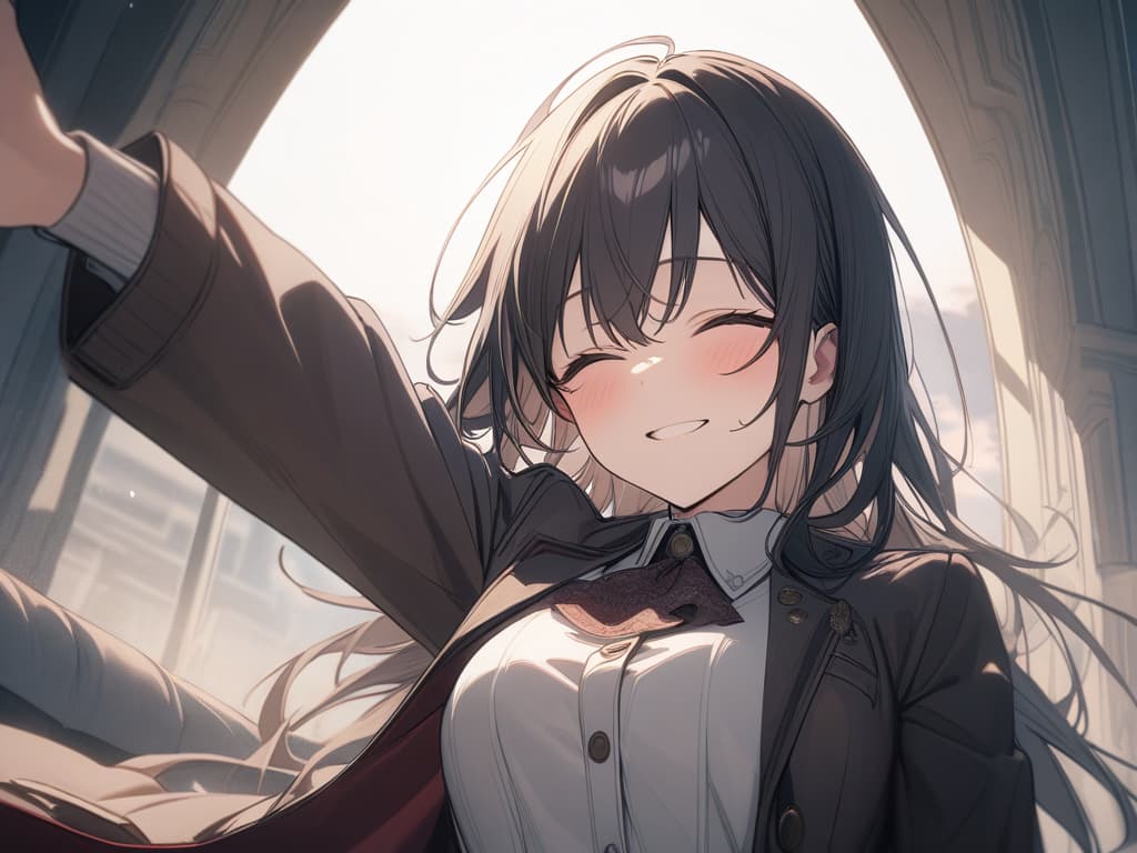  black hair, brown winter uniform, perfect making laughing, masterpiece, best quality,8k,ultra detailed,high resolution,an extremely delicate and beautiful,hyper detail